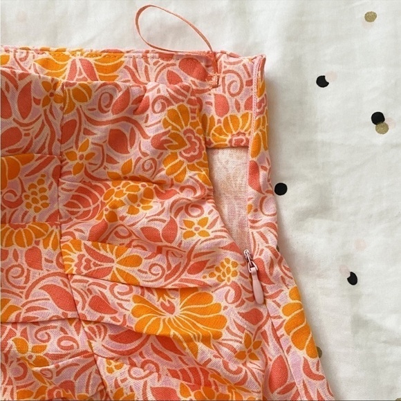 ZARA Linen Blend Floral Mini Skirt‎ Orange Pink Ruched Size L - Picture 7 of 12